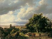 Barend Cornelis Koekkoek Flublandschaft mit Ruine und Pferdewagen oil on canvas